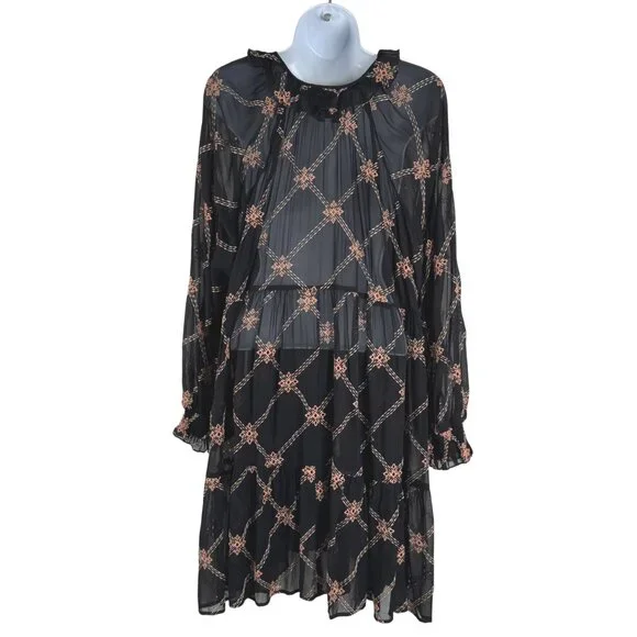 Johnny Was Jackie Mini Dress Large Black Sheer Embroidered Boho Rayon DR-1817 - Picture 6 of 9